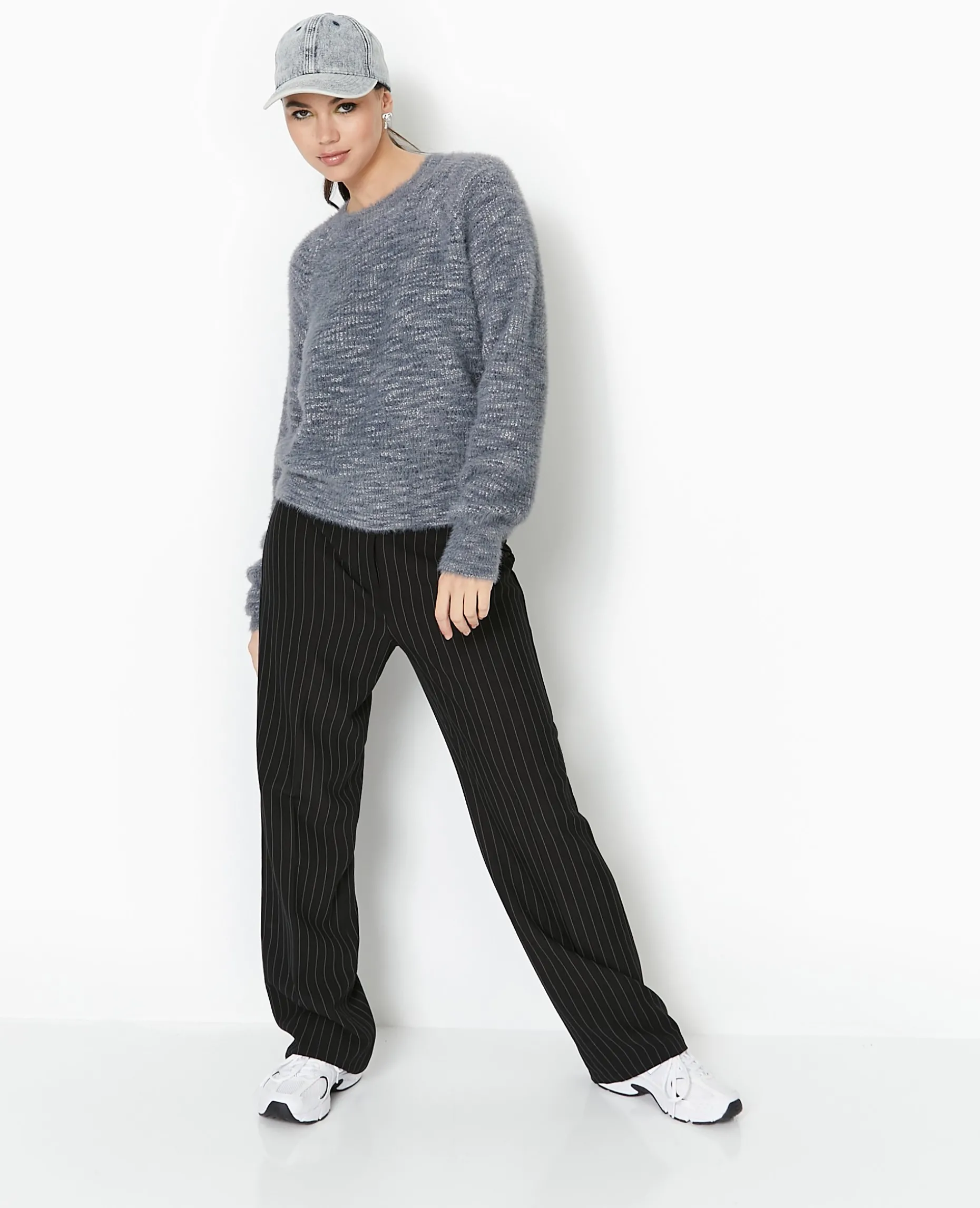 Pull Col Rond Maille Fluffy - Gris Chiné