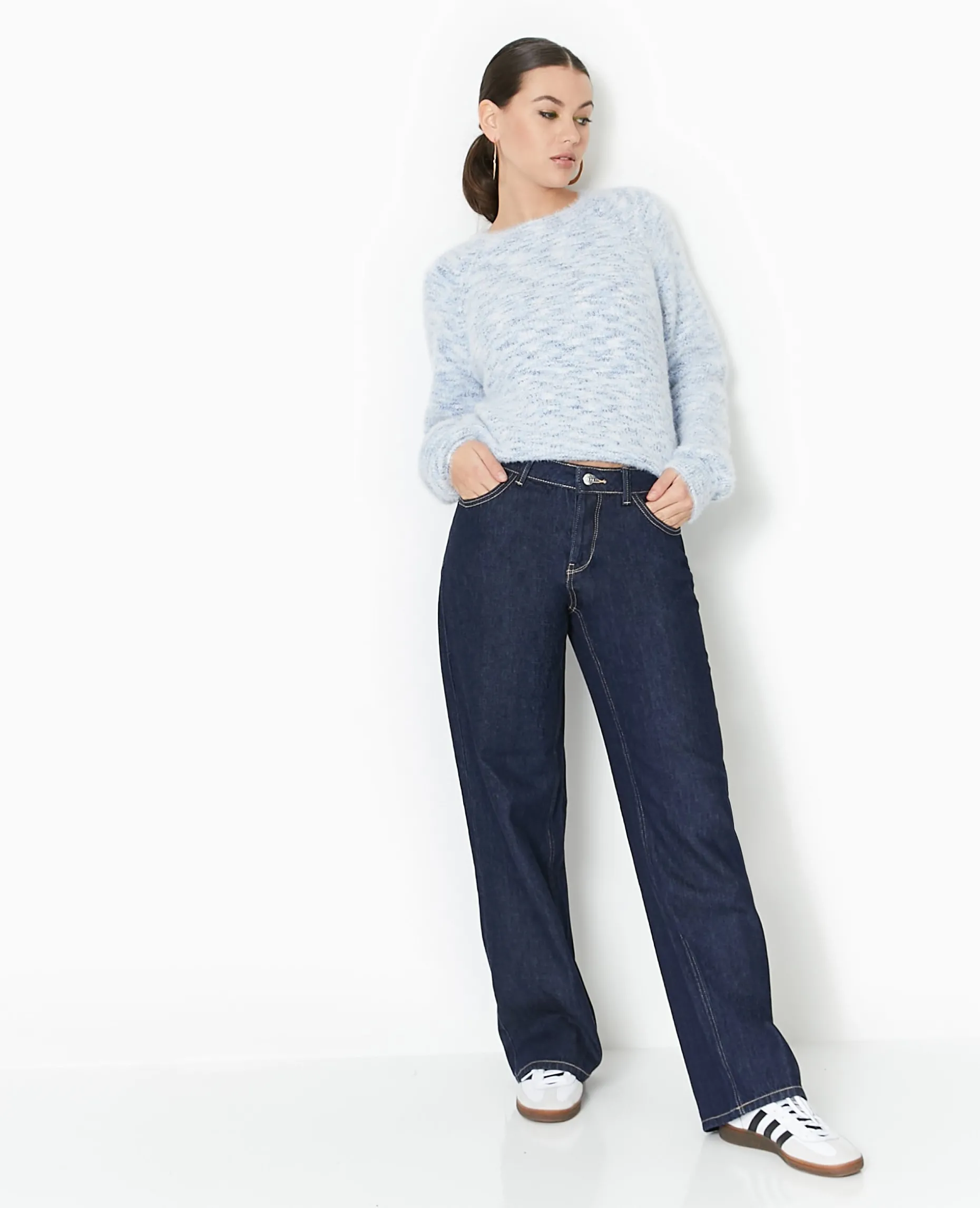 Pull Col Rond Maille Fluffy - Bleu Clair