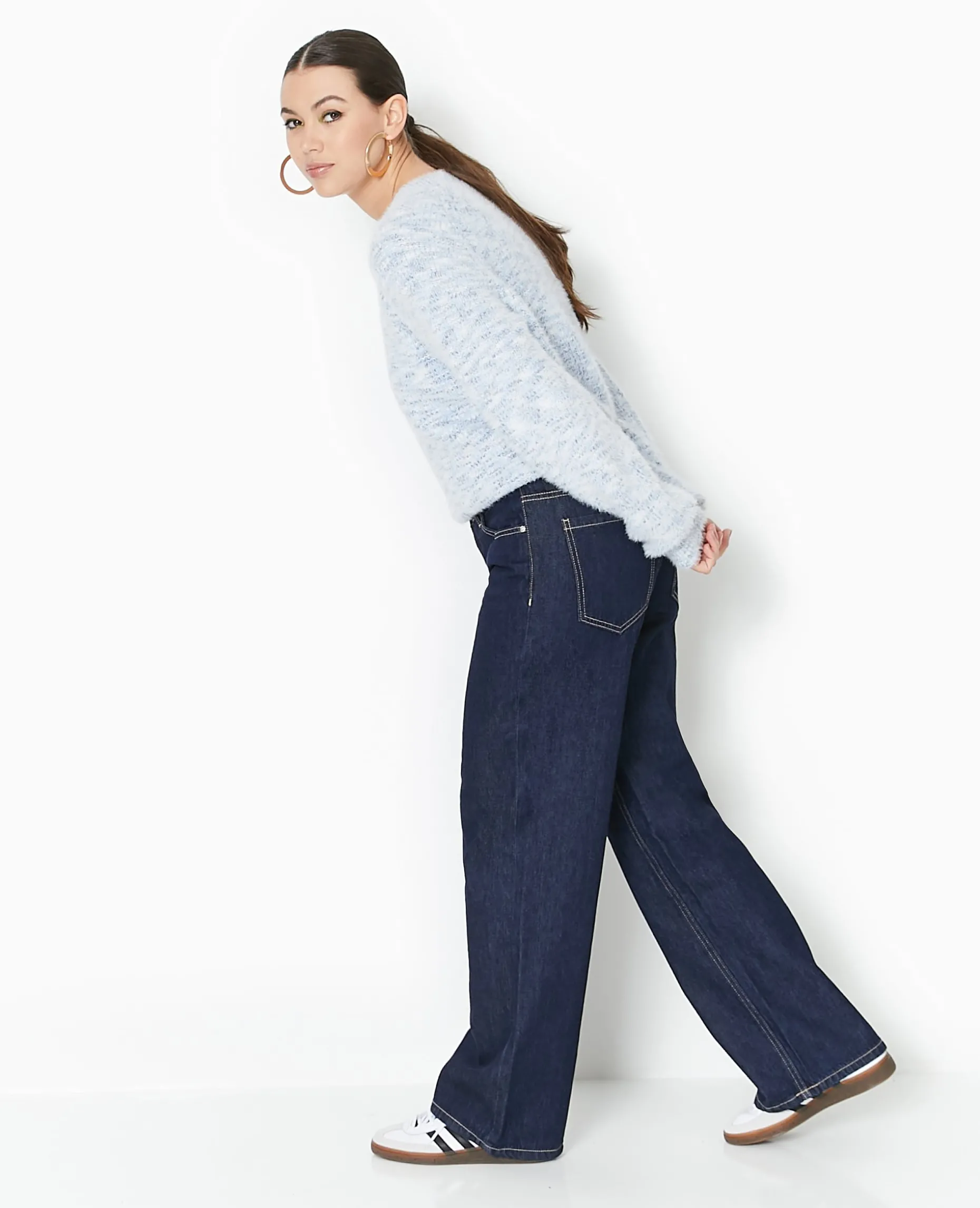 Pull Col Rond Maille Fluffy - Bleu Clair