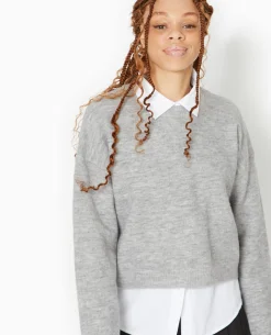 Pull Court En Maille - Gris Chiné