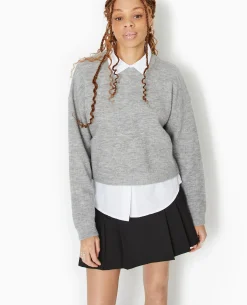 Pull Court En Maille - Gris Chiné