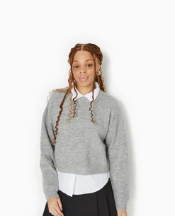 Pull Court En Maille - Gris Chiné