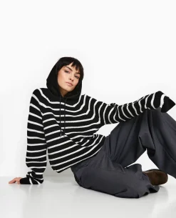 Pull Court Rayé Avec Capuche - Blanc
