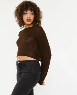 Pull Cropped En Maille Transparente - Marron