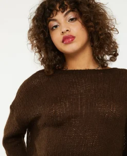 Pull Cropped En Maille Transparente - Marron