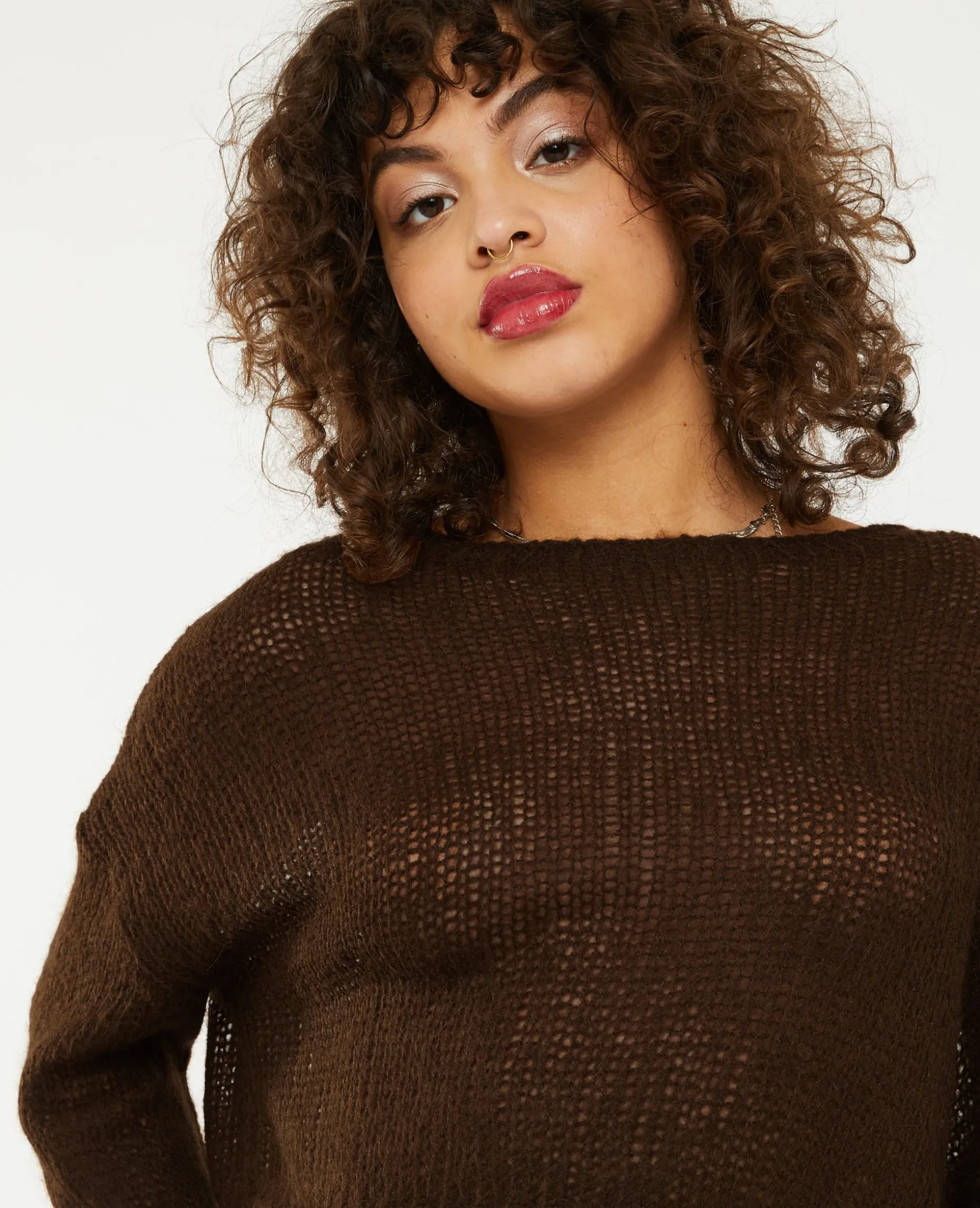 Pull Cropped En Maille Transparente - Marron