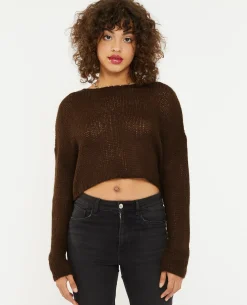 Pull Cropped En Maille Transparente - Marron