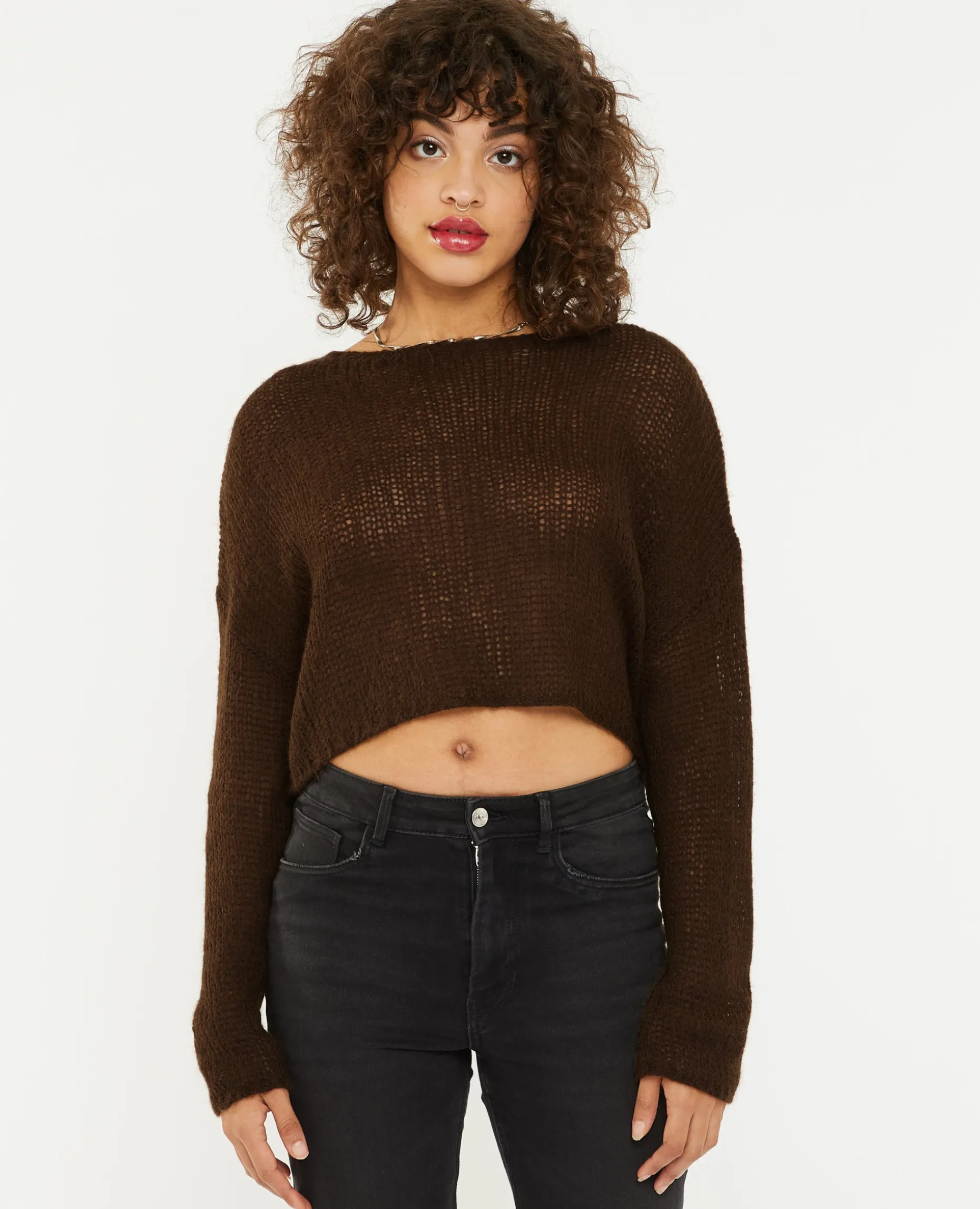 Pull Cropped En Maille Transparente - Marron