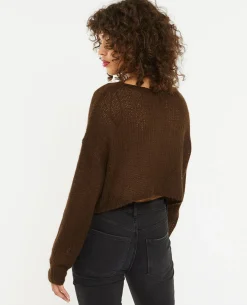 Pull Cropped En Maille Transparente - Marron