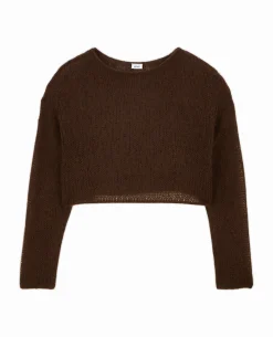 Pull Cropped En Maille Transparente - Marron