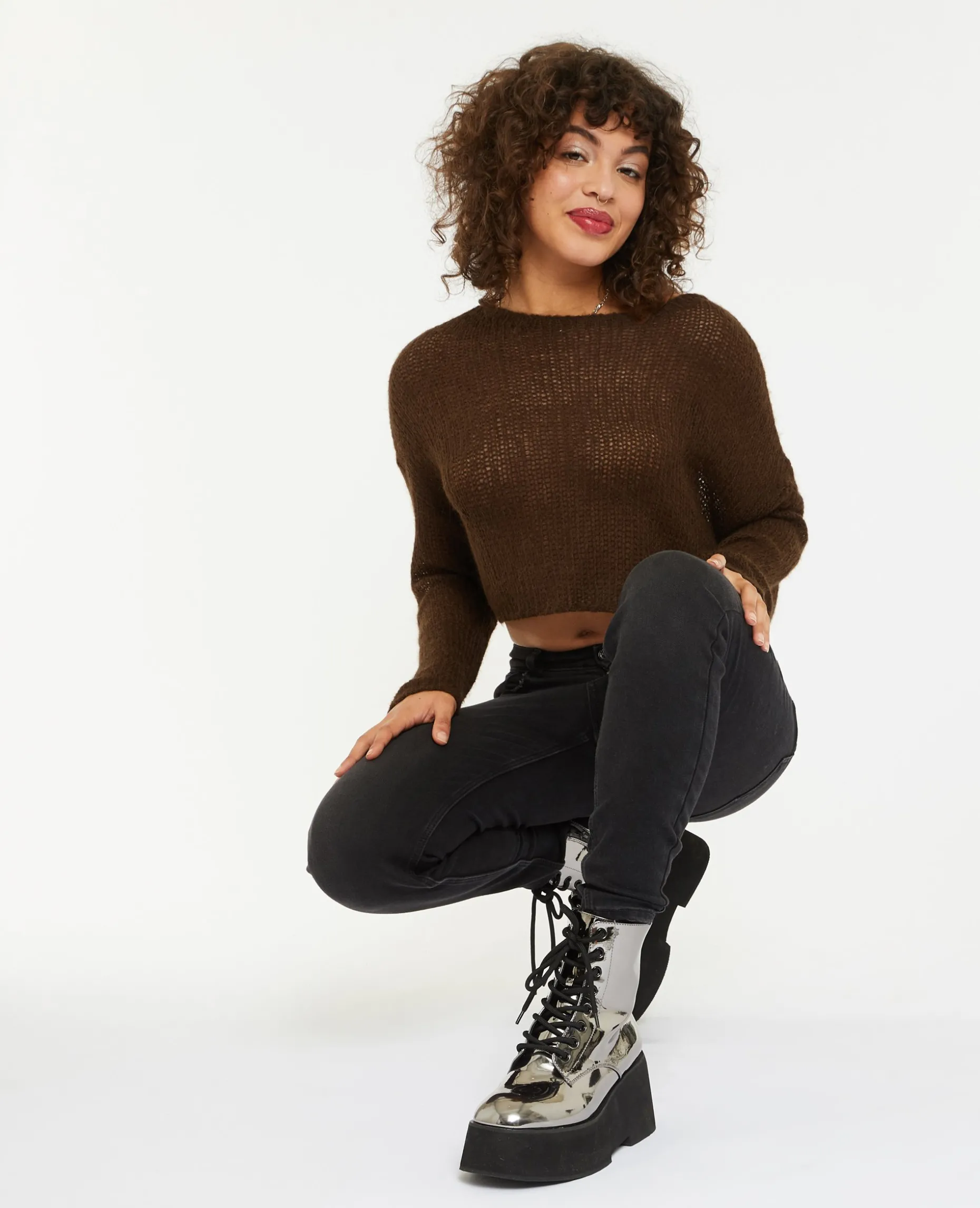 Pull Cropped En Maille Transparente - Marron