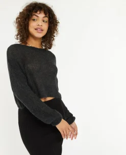 Pull Cropped En Maille Transparente - Gris Foncé