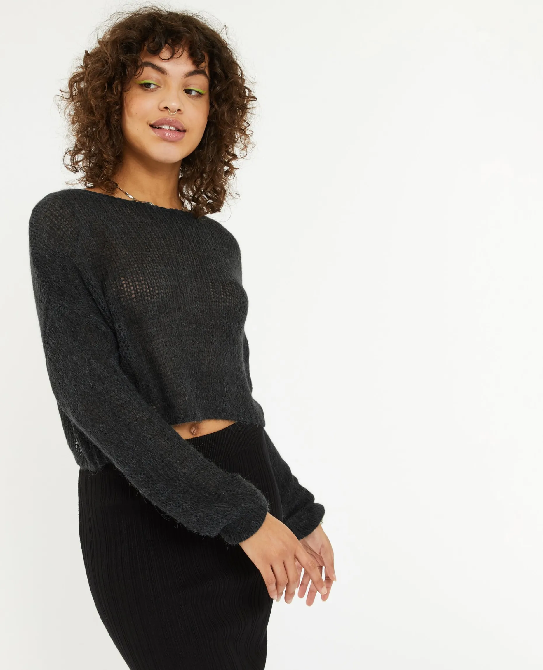 Pull Cropped En Maille Transparente - Gris Foncé