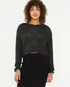 Pull Cropped En Maille Transparente - Gris Foncé