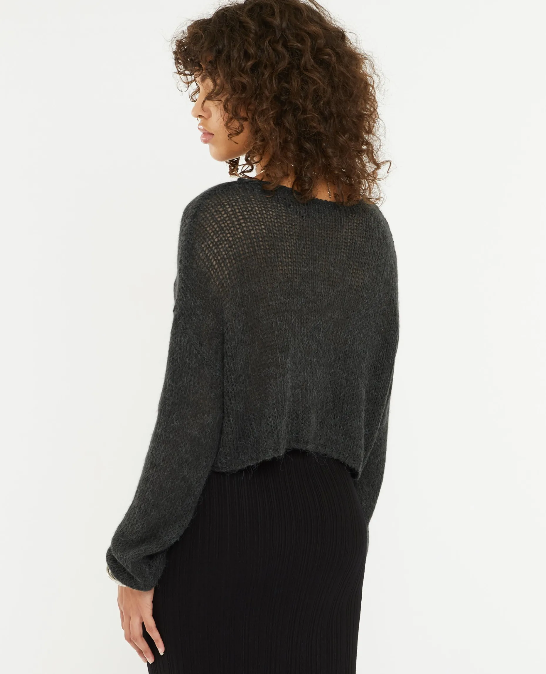 Pull Cropped En Maille Transparente - Gris Foncé