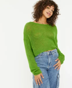 Pull Cropped En Maille Transparente - Vert Kaki