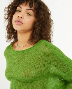 Pull Cropped En Maille Transparente - Vert Kaki
