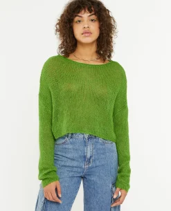 Pull Cropped En Maille Transparente - Vert Kaki