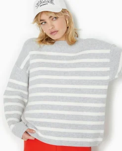 Pull Droit Rayé - Gris Chiné