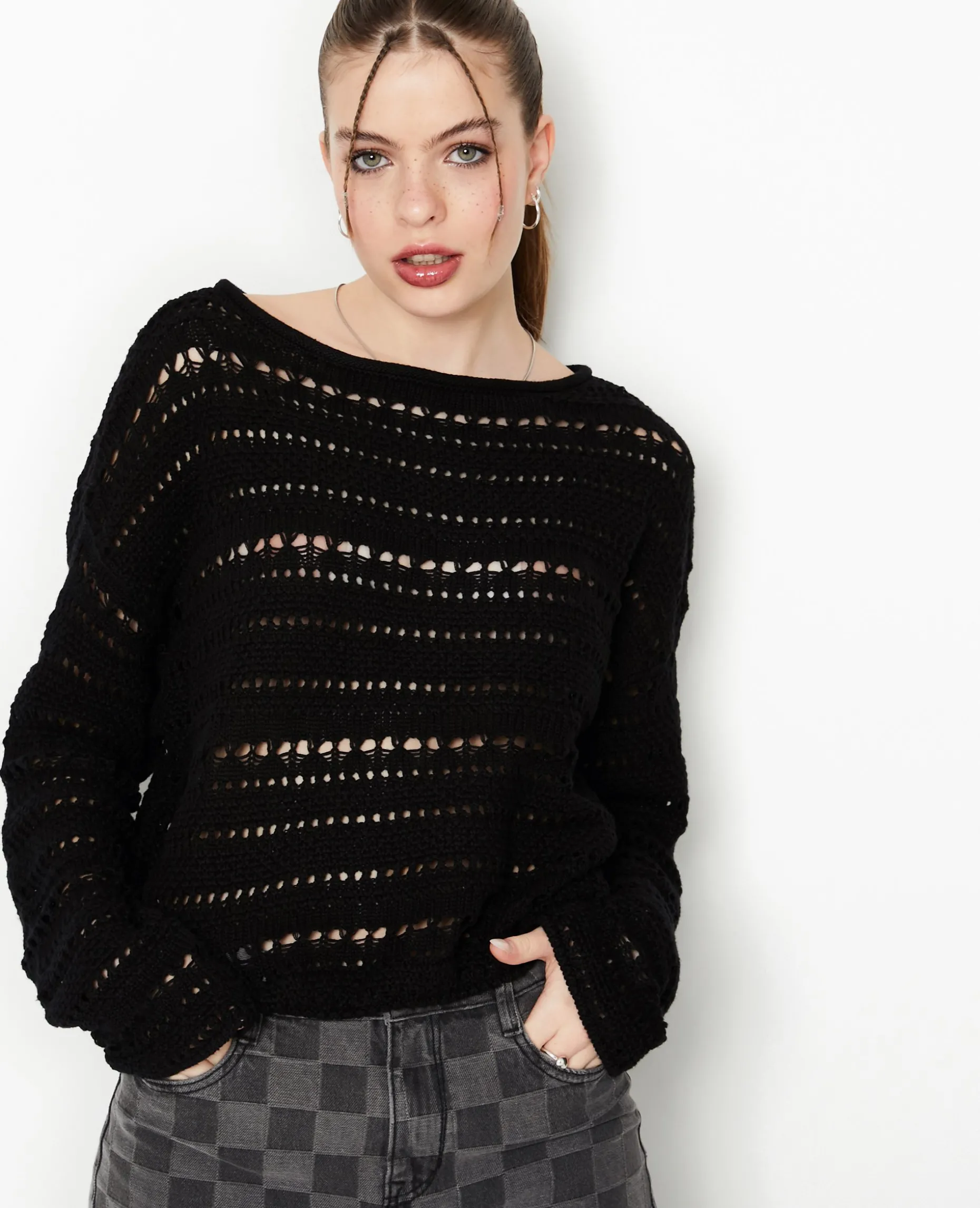 Pull En Maille Ajourée Façon Crochet - Noir