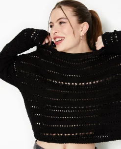 Pull En Maille Ajourée Façon Crochet - Noir