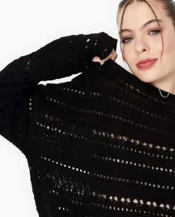 Pull En Maille Ajourée Façon Crochet - Noir