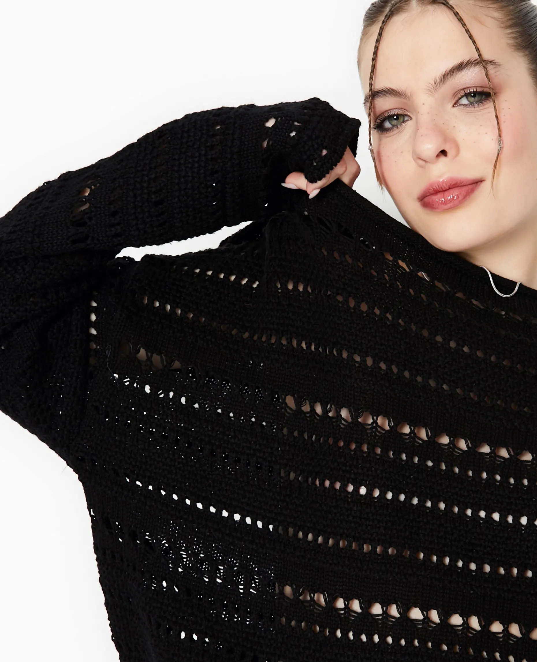 Pull En Maille Ajourée Façon Crochet - Noir