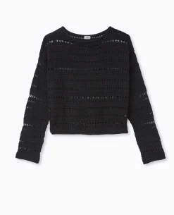 Pull En Maille Ajourée Façon Crochet - Noir