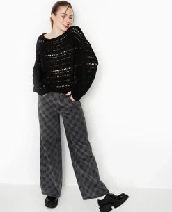 Pull En Maille Ajourée Façon Crochet - Noir