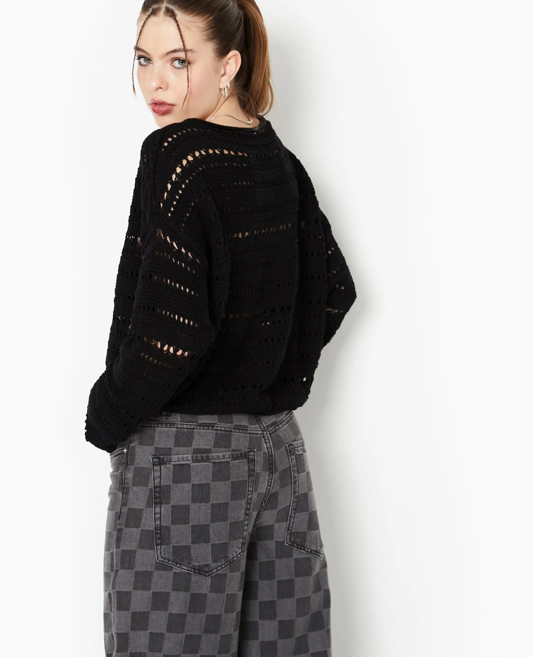 Pull En Maille Ajourée Façon Crochet - Noir