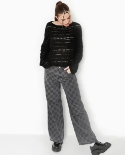 Pull En Maille Ajourée Façon Crochet - Noir