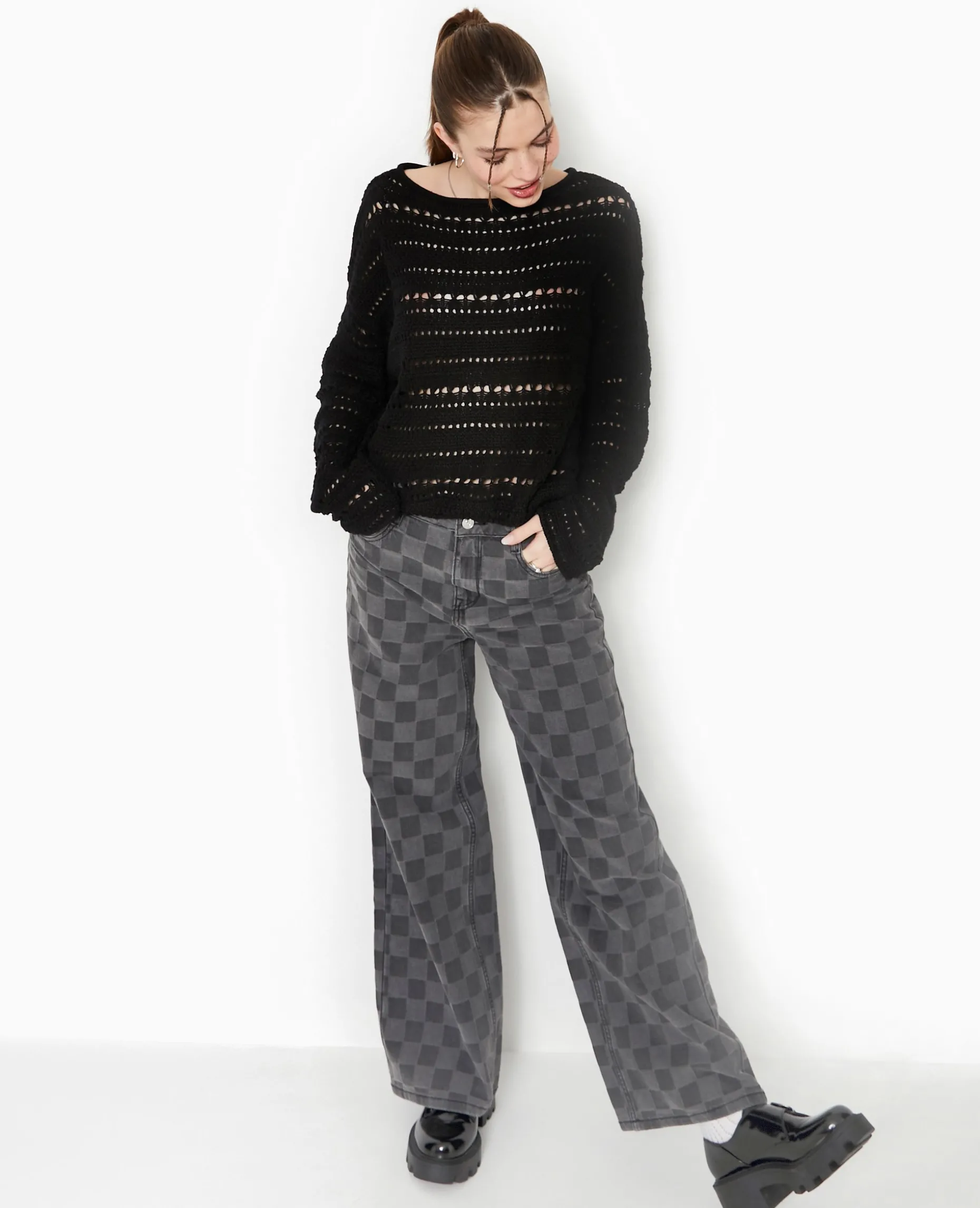 Pull En Maille Ajourée Façon Crochet - Noir