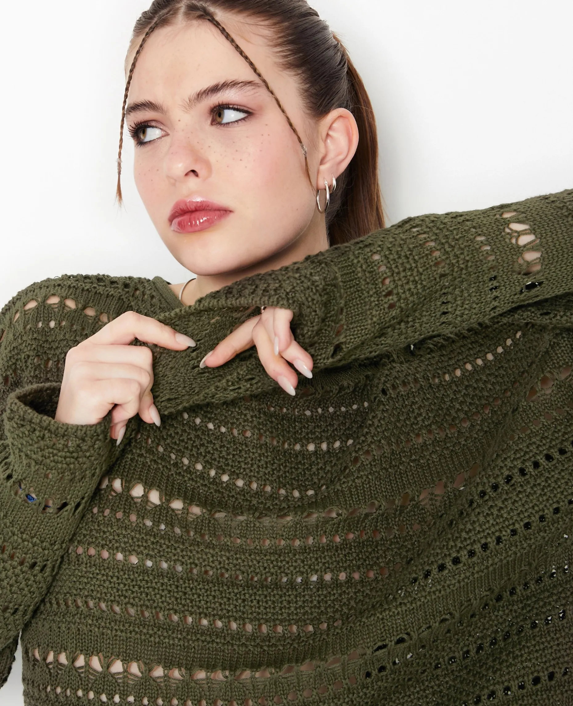 Pull En Maille Ajourée Façon Crochet - Vert Kaki