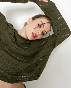 Pull En Maille Ajourée Façon Crochet - Vert Kaki