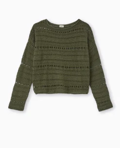 Pull En Maille Ajourée Façon Crochet - Vert Kaki