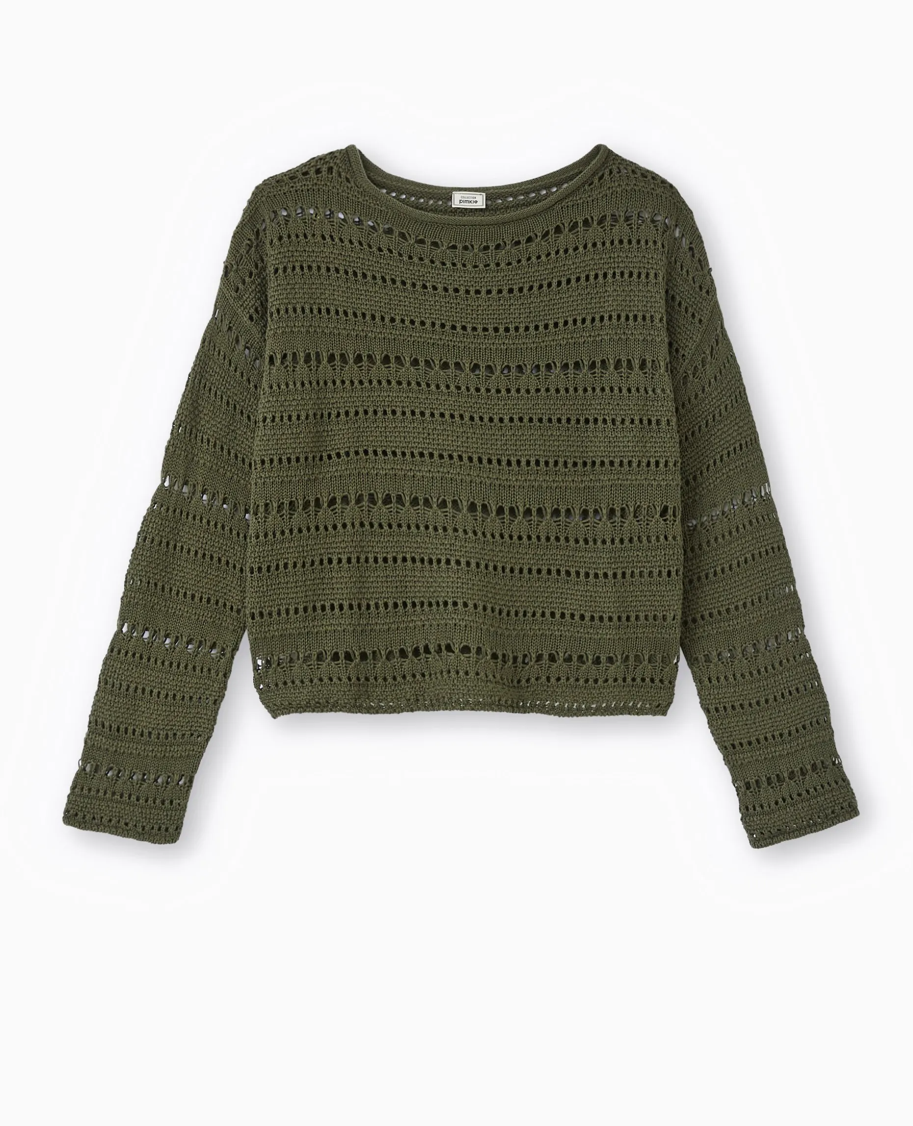 Pull En Maille Ajourée Façon Crochet - Vert Kaki