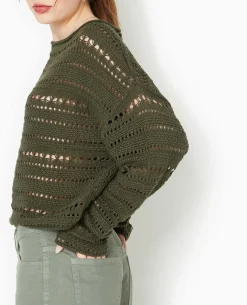 Pull En Maille Ajourée Façon Crochet - Vert Kaki
