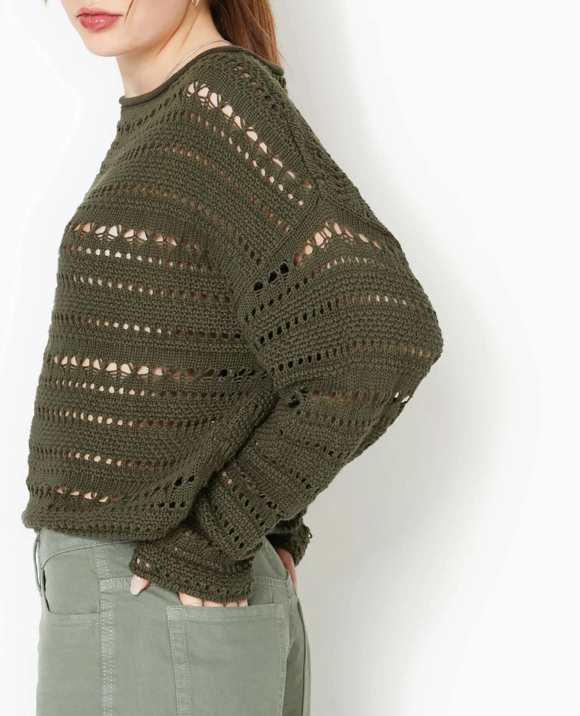 Pull En Maille Ajourée Façon Crochet - Vert Kaki