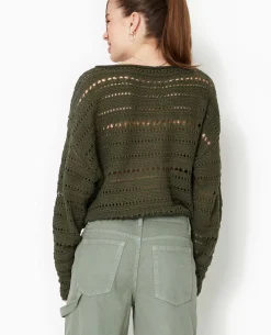 Pull En Maille Ajourée Façon Crochet - Vert Kaki