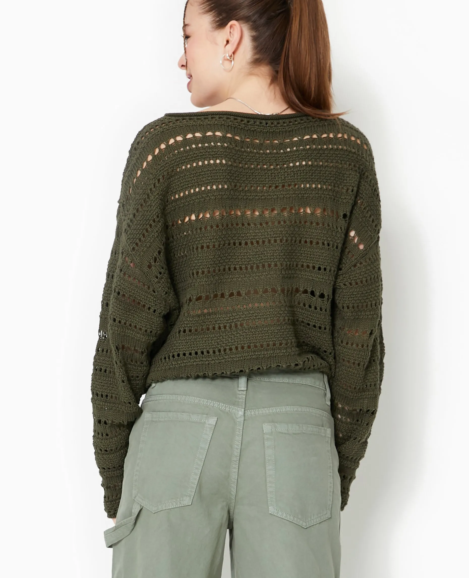 Pull En Maille Ajourée Façon Crochet - Vert Kaki