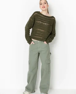Pull En Maille Ajourée Façon Crochet - Vert Kaki