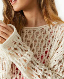 Pull En Maille Ajourée Manches Flare - écru