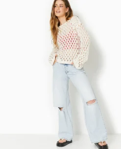 Pull En Maille Ajourée Manches Flare - écru
