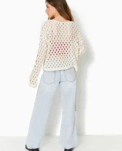 Pull En Maille Ajourée Manches Flare - écru
