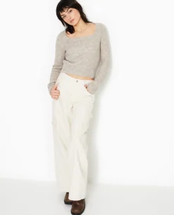 Pull En Maille Encolure Carrée - Beige