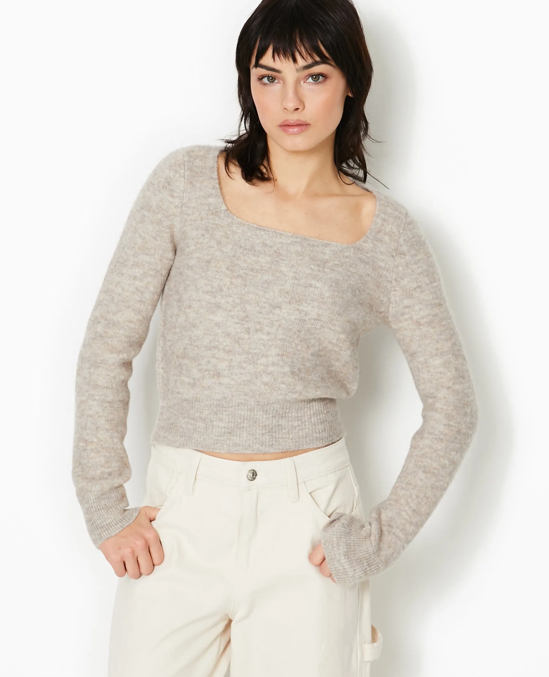 Pull En Maille Encolure Carrée - Beige