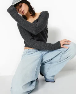 Pull En Maille Encolure Carrée - Gris Foncé