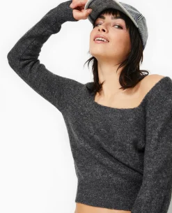 Pull En Maille Encolure Carrée - Gris Foncé