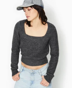 Pull En Maille Encolure Carrée - Gris Foncé