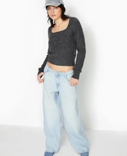 Pull En Maille Encolure Carrée - Gris Foncé